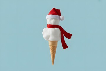 Marshmallow snowman on ice cream cone with santa hat