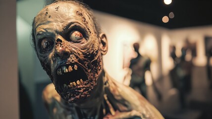Close-up of a frighteningly realistic zombie statue with decayed features, bared teeth, and vacant eyes, showcasing detailed makeup and prosthetics