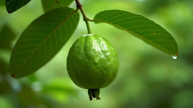 Fresh green guava fruit hanging from a branch with dew drops on its surface surrounded by lush leaves in natural daylight
