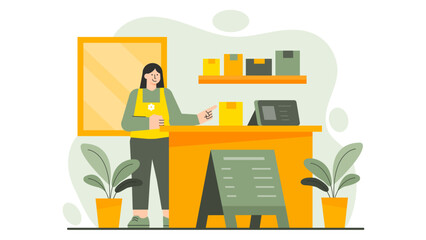 Flat Design Small Business Owner at Shop Counter Flat Vector Illustration