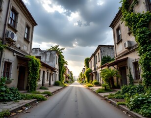 Fototapeta premium Desolate Urban Street with Overgrown Crumbling Buildings