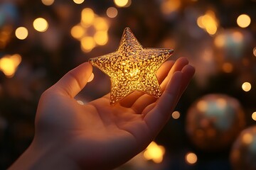 Hand holding a glowing star with festive background