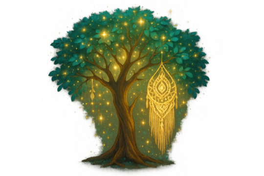 Tree of life with glowing leaves and dreamcatcher, spiritual bohemian magic concept on transparent background