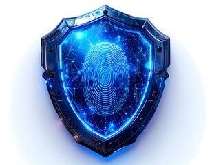 Fototapeta premium A futuristic shield design with a glowing blue fingerprint at its center, surrounded by digital circuitry
