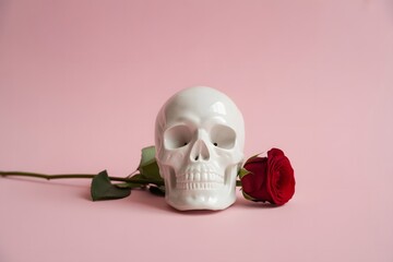 Skull and rose on pink background