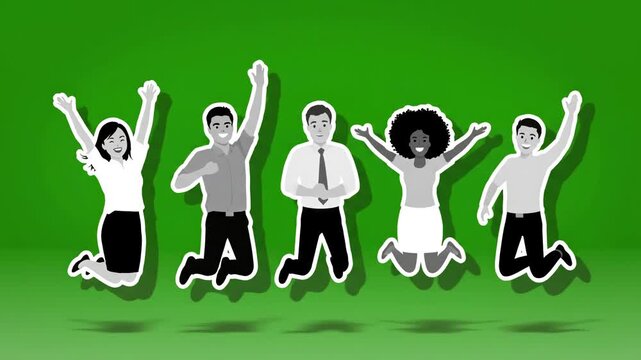Green Screen successof team work colleagues friends jumping up in the air 2d animation cartoon illustration clip art vector web page sign black and white alpha channel time lapse scene 2 with