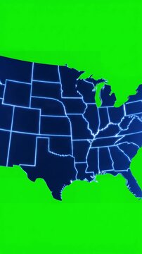 Green Screen map of united states america showing different animated usa contiguous lower 48 u s state on an isolated chroma key background scene 2 with distortion, overlay, glitch, static noise, scan