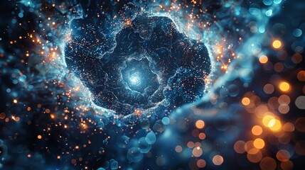 Protoplanetary disk with glowing organic molecules resembling cosmic constellations.
