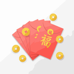 Chinese Red Envelopes with Fortune Characters and Gold Coins