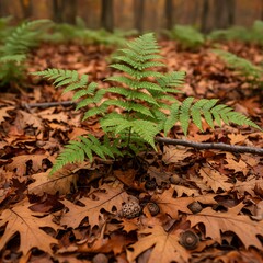 Fern in focus, surrounded by autumnal foliage and forest floor