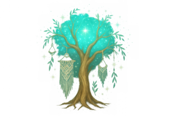 Spiritual tree of life with glowing light, mystical macrame hangings, and bohemian design elements, on a transparent background