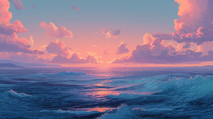 Sunset over the sea,Blue and pink gradient