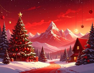 A vibrant holiday illustration features a decorated tree, snowy landscape, and snow-capped mountains bathed in a crimson glow