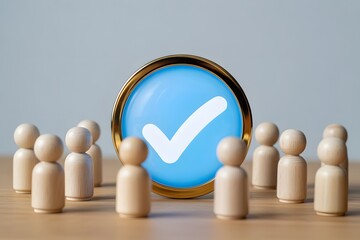 Wooden figures facing a glowing blue checkmark symbol