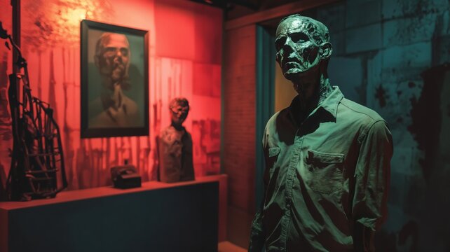 A haunting sculpture of an emaciated man stands in a dark room, bathed in eerie red and cyan light from a gallery installation