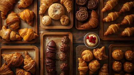Freshly Baked Croissants, Buns, and Rolls Displayed on Wooden Trays