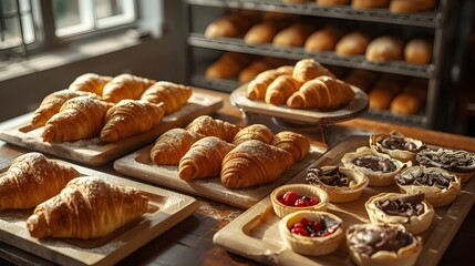 Freshly Baked Croissants and Tarts Displayed on Wooden Boards and Trays in a Bakery