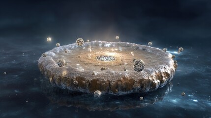 Protoplanetary disk with glowing organic molecules resembling cosmic constellations.
