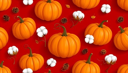 Festive autumn pattern with pumpkins, cotton, leaves and pinecones