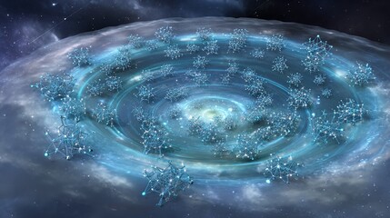 Protoplanetary disk with glowing organic molecules resembling cosmic constellations.
