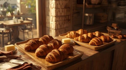 Golden, flaky croissants freshly baked and artfully arranged with pats of creamy butter on rustic wooden trays, showcasing a warm and inviting bakery atmosphere perfect for a delicious morning treat