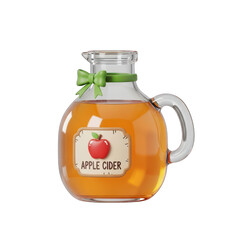 Fresh apple cider in a glass pitcher with a green bow on white background
