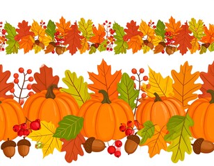 Festive autumn pattern with pumpkins, leaves, berries, and acorns