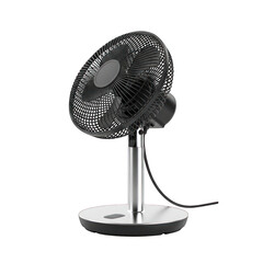 Modern black electric fan with silver stand studio shot on white background