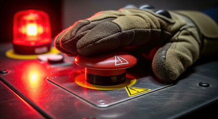 Gloved hand presses a red emergency stop button with a flashing warning light, signaling an urgent and critical situation.