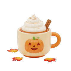 Festive pumpkin spice latte with whipped cream and cinnamon stick for autumn season on white background
