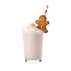 Festive gingerbread cookie milkshake with whipped cream and a striped straw on white background