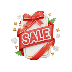 Festive christmas sale banner with red ribbon bow and holiday decorations around it on white background