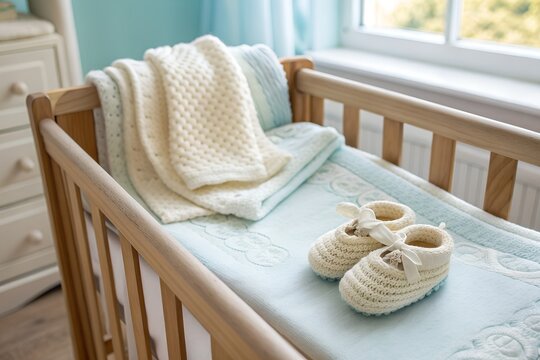 Close-up of Crocheted Baby Booties and Knitted Blankets in Wooden Nursery Crib