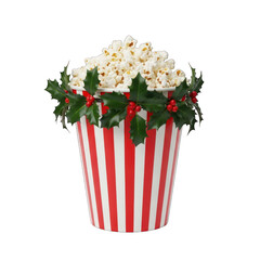 Festive popcorn bucket with holly berries for holiday movie night celebration on white background