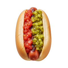Delicious hot dog topped with fresh tomatoes and pickles on white background