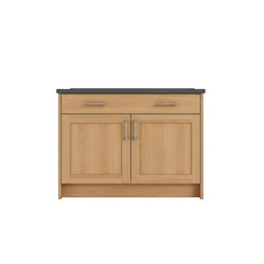 Light wood cabinet with dark countertop and silver handles on white background