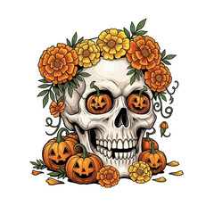 Skull wearing flower crown with pumpkin eyes and pumpkins around it for halloween on white background
