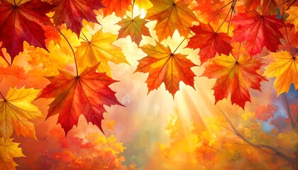 Obraz premium Close-up of vibrant, textured maple leaves in hues of red, orange, and yellow. Sunlight streams through the foliage