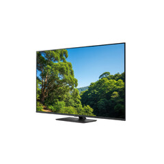 Modern television displaying a lush green forest landscape against a blue sky on white background