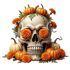 Halloween skull decorated with marigolds and pumpkins on white background