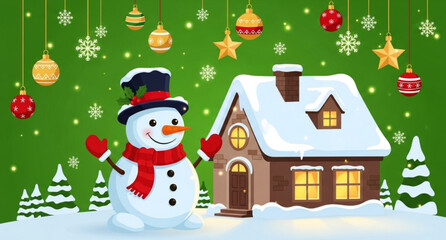 christmas card with snowman and house
