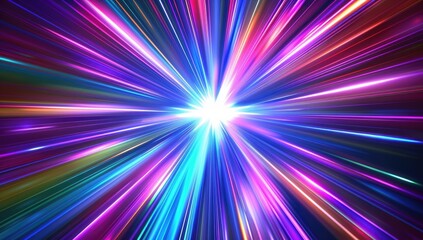 Vibrant, multicolored light streaks radiate outwards from a bright central point, creating a dynamic, starburst effect against a dark background