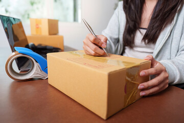 E-commerce: Woman packaging orders and preparing for shipment