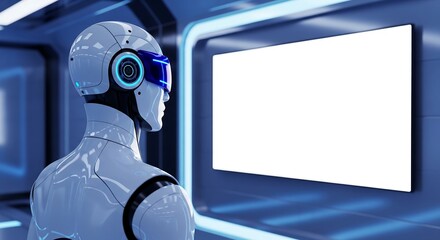Advanced AI robot with a glowing blue visor watches a blank white screen in a futuristic interior.