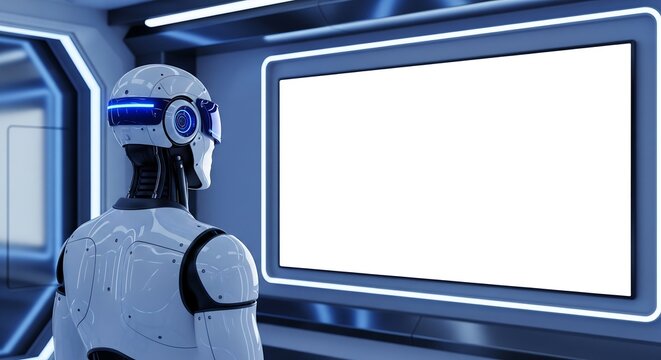 Futuristic android robot looking at a blank white screen for mockup in a high-tech interior.