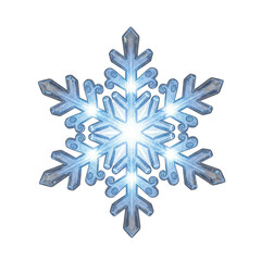 Sparkling blue snowflake with intricate details on white background
