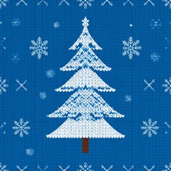 Festive blue knit with a snow-covered tree and snowflakes
