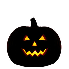 Glowing jack o'lantern with a spooky face in the dark for halloween celebration on white background