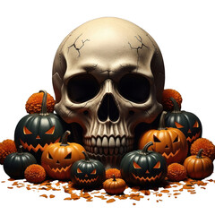 Halloween skull with jacko'lanterns and orange flowers on white background