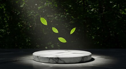 Marble podium in dappled sunlight with green leaves floating, showcasing organic nature.